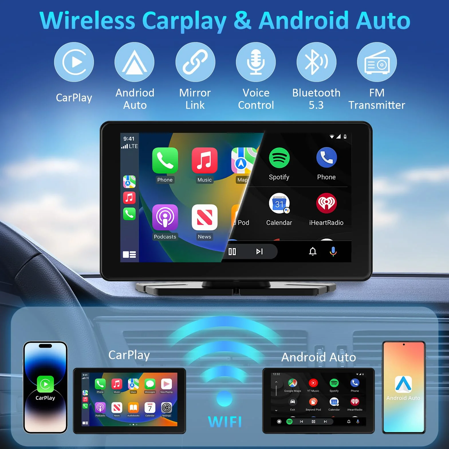 Écran Carplay Voiture pour Carplay et Android Auto sans Fil, 7 Pouces HD Ecran Tactile Autoradio Portable, Car Play Voiture avec Bluetooth 5.3, Mirror Link, Navigation GPS, AUX/FM, Commande Vocale