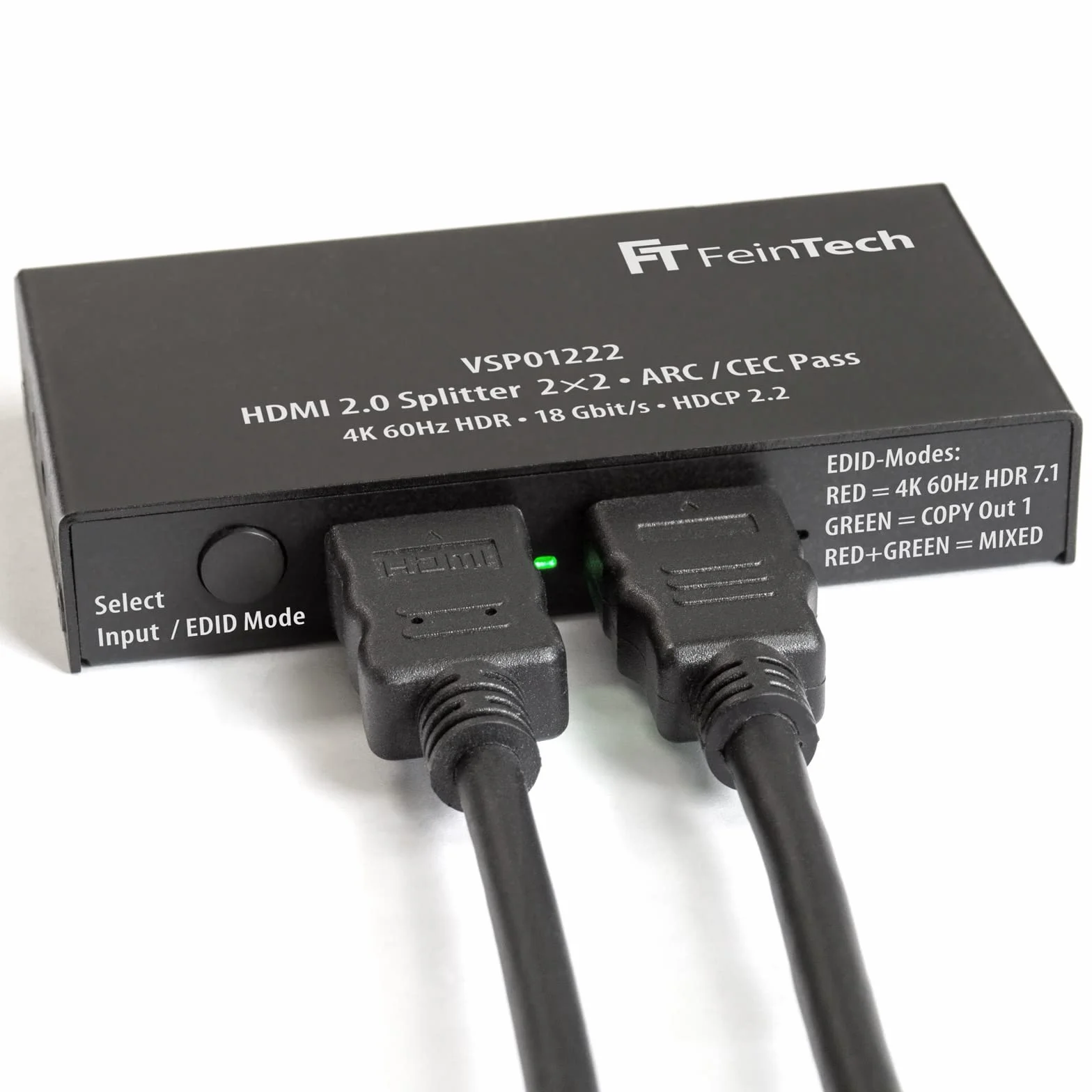 FeinTech VSP01222 Répartiteur HDMI 2.0 2 entrées 2 Sorties Scaler Arc-Pass pour récepteur AV 4K 60Hz HDR