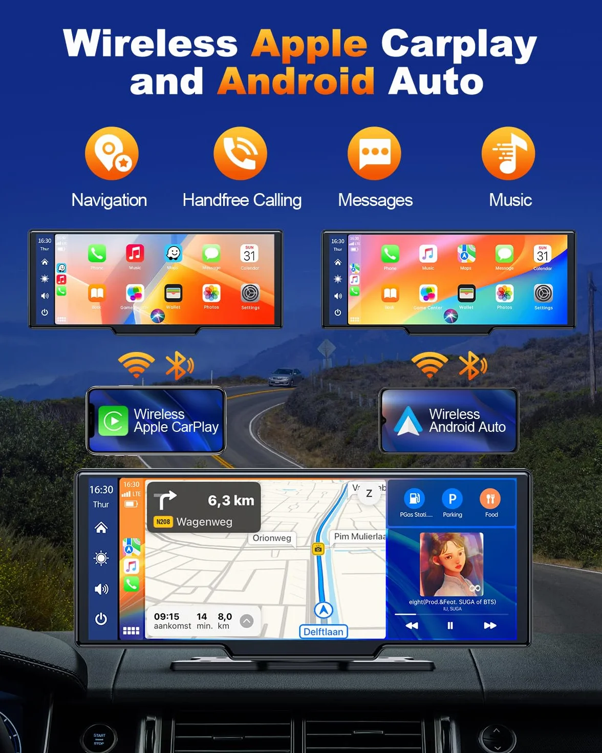 Volam 9.26 Pouces Ecran Carplay Voiture avec Carplay sans Fil Android Auto, Ecran Tactile, iOS Lien Miroir, GPS Navigation, Siri, G00gle Assistant Vocal, Bluetooth 5.0, Aux, FM