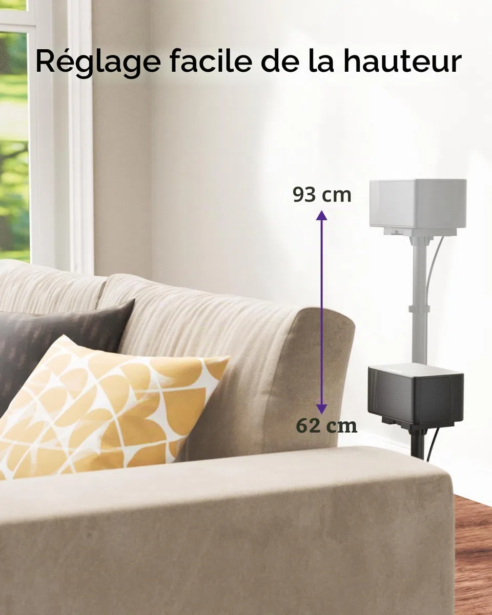 ULTIMEA Steady 310 – Lot de 2 Supports d’Enceintes universels Noirs, réglables en Hauteur de 62 à 93 cm, pour Enceintes Satellites et de bibliothèque, Charge maximale de 3 k