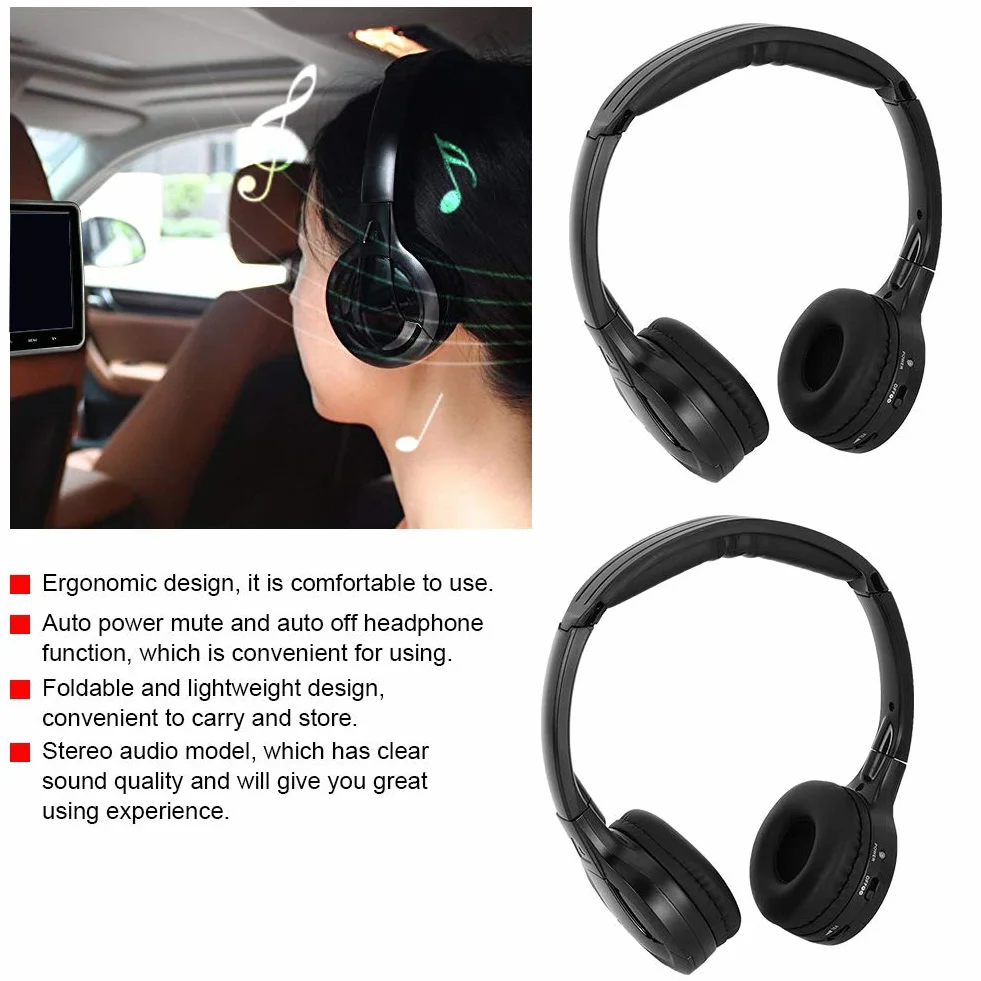 Qiilu Écouteurs stéréo sans Fil infrarouges à 2 canaux Design Ergonomique modèle Audio stéréo écouteurs de Voiture pour Appui-tête de Voiture DVD