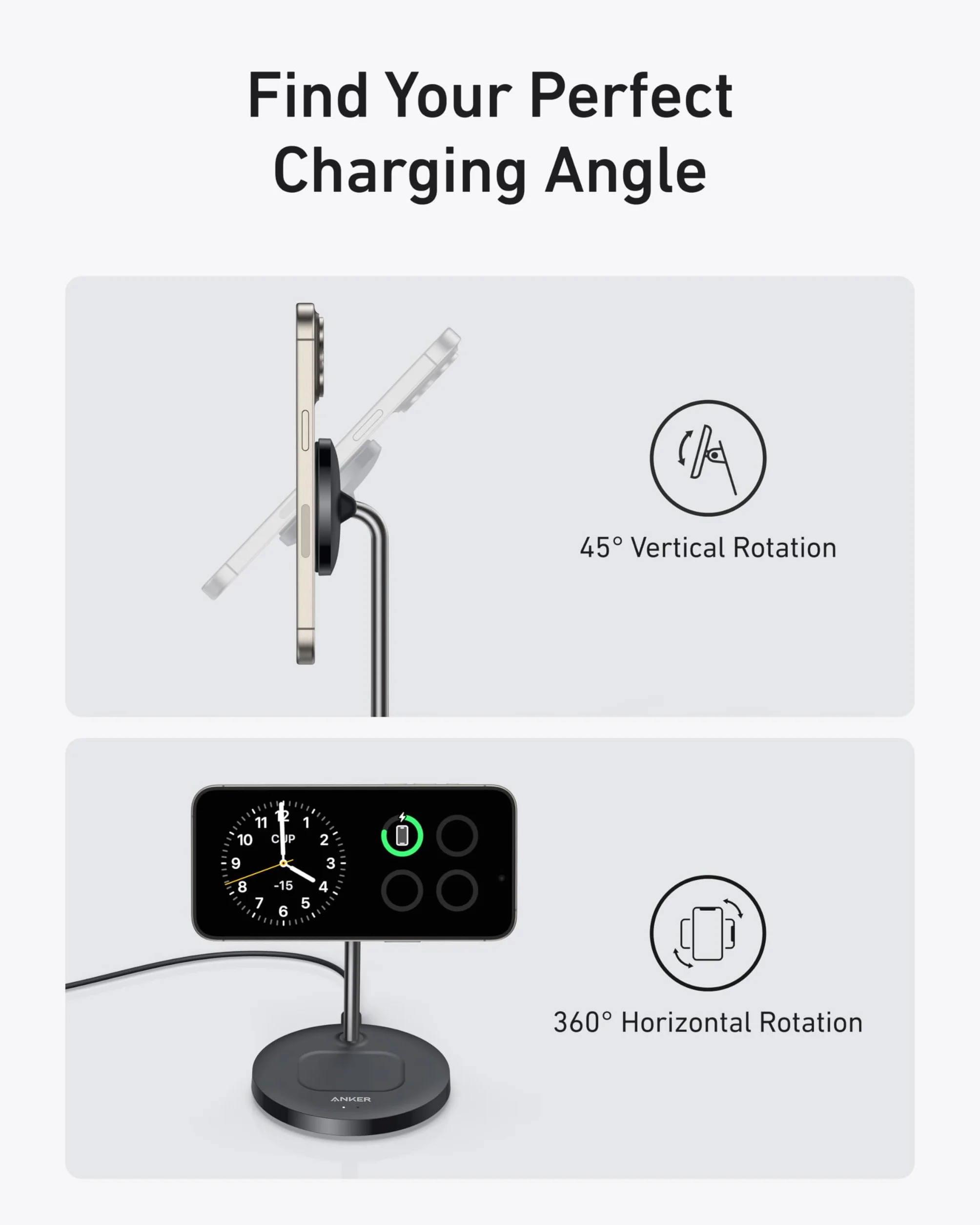 Anker Chargeur Induction iPhone Qi2, Chargeur sans Fil MagSafe 15W, Support 2 en 1 Ajustable pour iPhone 17/16/15/14/13/12 et AirPods, Ultra Rapide (Câble USB C 1.5m Inclus)
