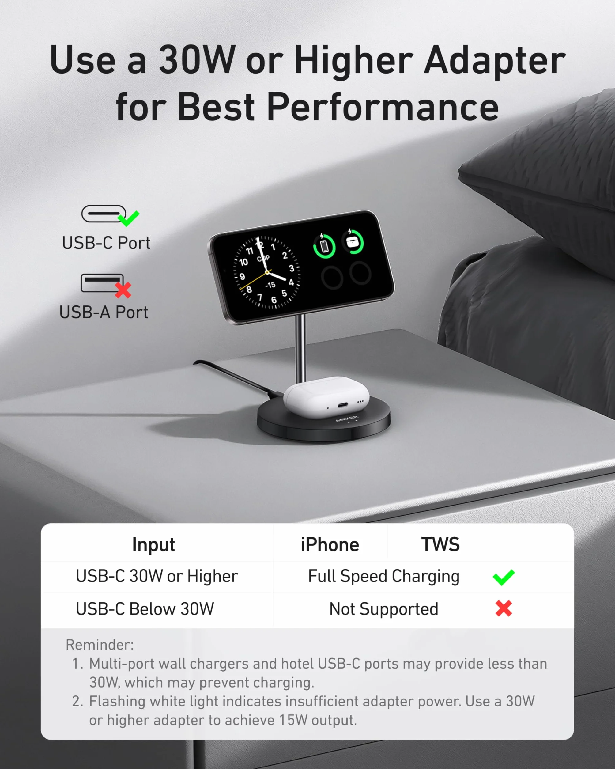 Anker Chargeur Induction iPhone Qi2, Chargeur sans Fil MagSafe 15W, Support 2 en 1 Ajustable pour iPhone 17/16/15/14/13/12 et AirPods, Ultra Rapide (Câble USB C 1.5m Inclus)
