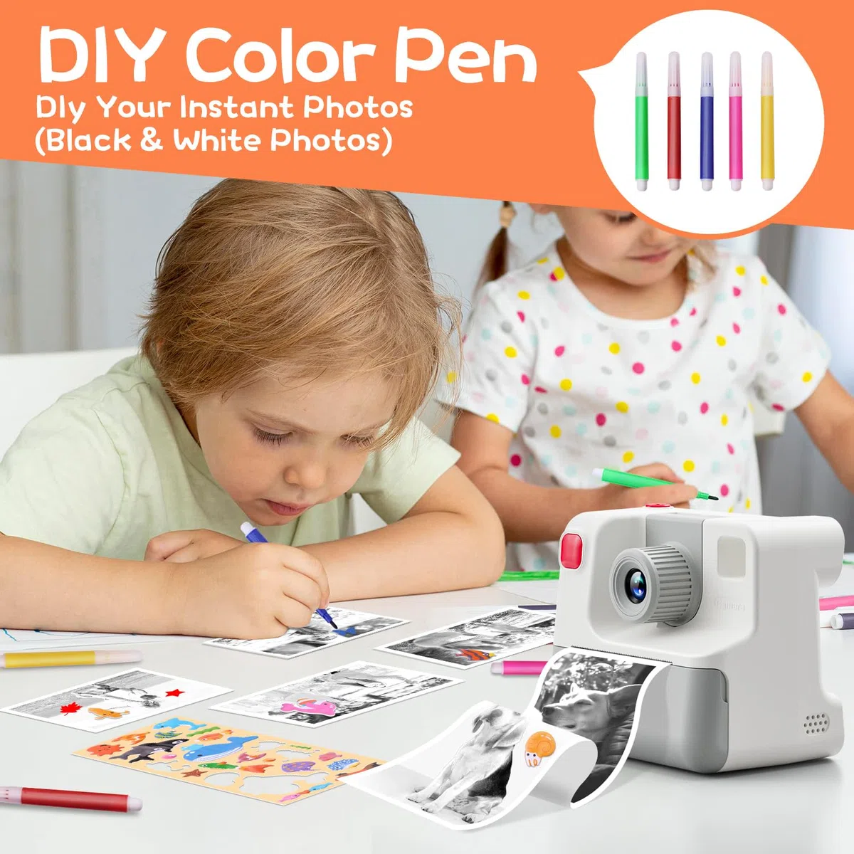 Appareil Photo Enfant Instantanée,1080P Appareil Photo Numérique Enfant avec Papier d'impression & Carte TF 32G, Stylo 5 Couleurs,Cadeau pour Filles Garçons de 3-10 Ans (Blanc)