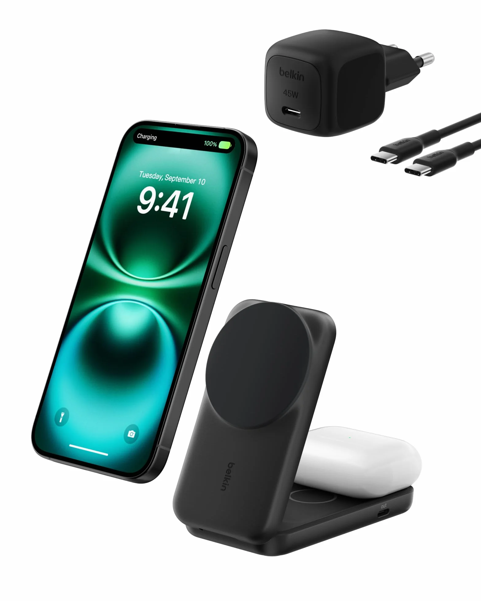 Belkin UltraCharge Chargeur Induction Qi2 25W, Station de Charge 2 en 1 pour iPhone 17, iPhone Air, AirPods, Pixelsnap, Compatible avec MagSafe avec Port-USB-C et Adaptateur 45W - Noir