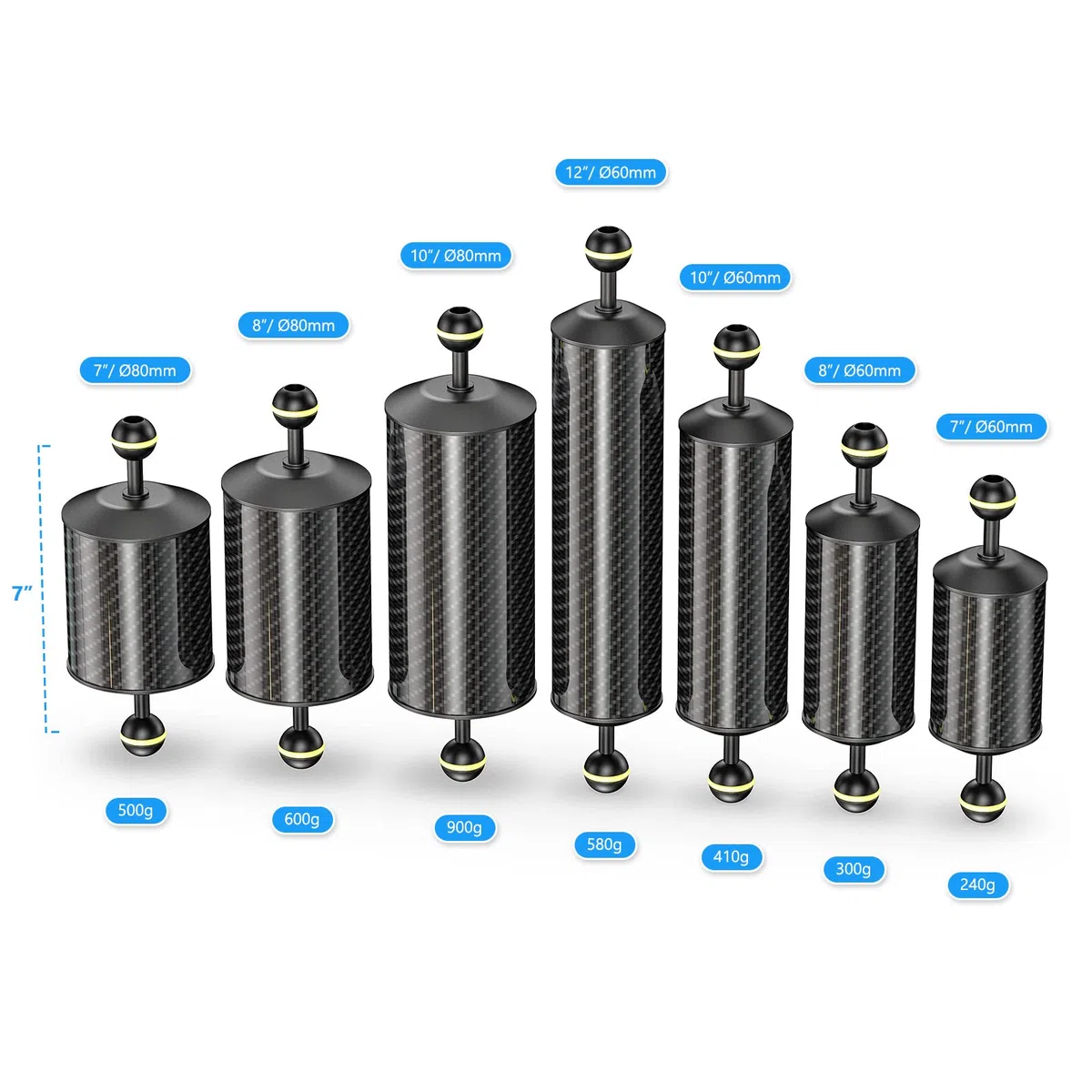 Sea frogs D80 mm,7 pouces/178 mm Bras Flottant en Carbone de pour système de flottabilité en plongée, adapté au Plateau vidéo et au Stroboscope