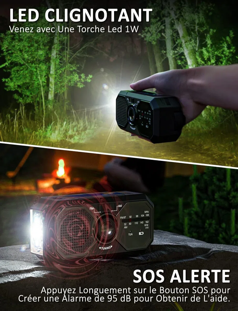 UOHHBOE Radio Portable Manivelle Radio Solaire Survie AM/FM Petit Dynamo USB-C 2500mAh Rechargeable avec Lampe de Poche LED Alarme SOS Boussole pour Urgence Extérieure Randonnée Camping