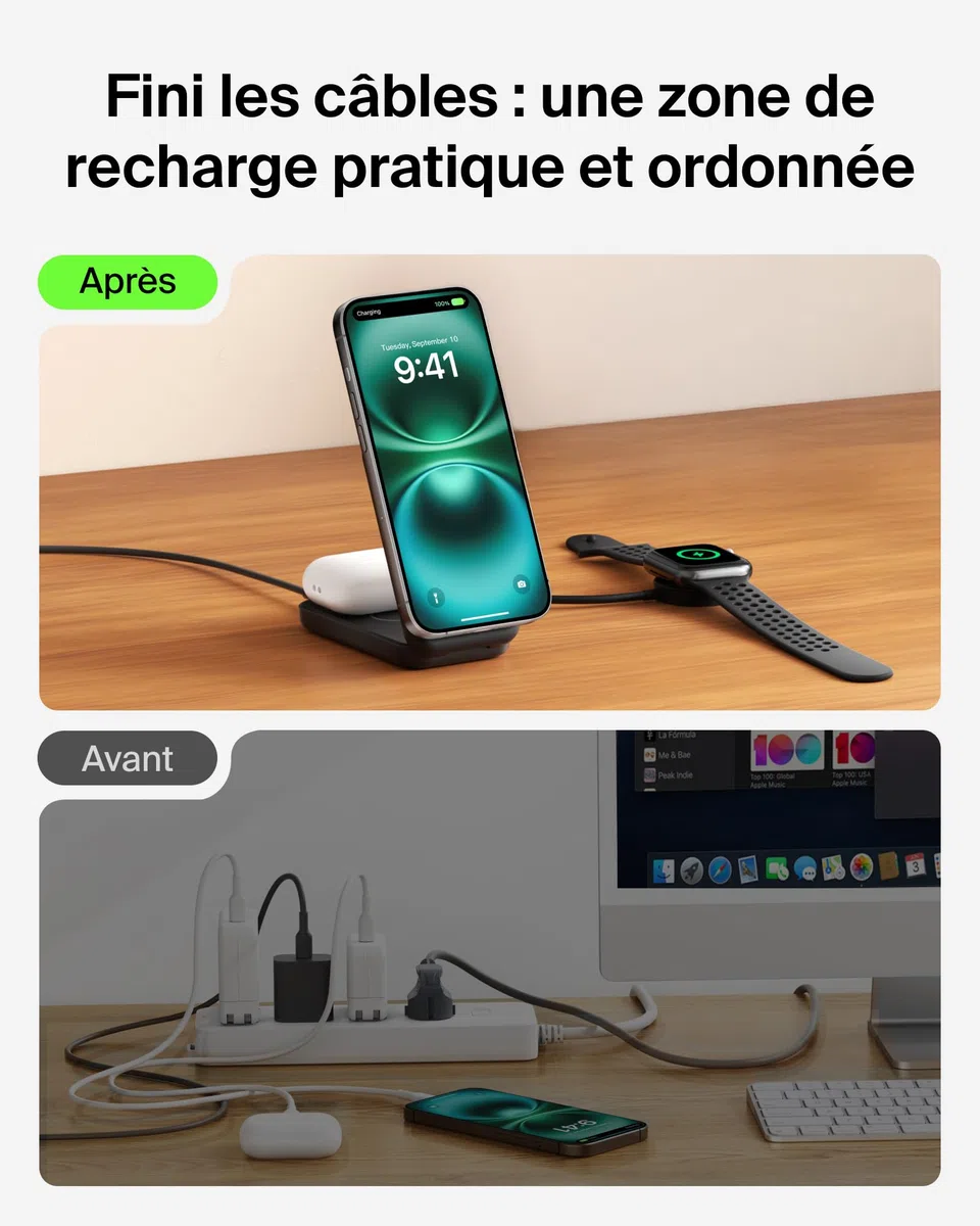 Belkin UltraCharge Chargeur Induction Qi2 25W, Station de Charge 2 en 1 pour iPhone 17, iPhone Air, AirPods, Pixelsnap, Compatible avec MagSafe avec Port-USB-C et Adaptateur 45W - Noir