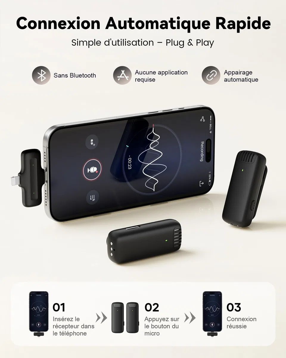 Micro Cravate Sans Fil avec Boîtier de Charge pour lPhone, lPad et Android , Mini Microphone Sans Fil avec Réduction de Bruit, 36H d’Autonomie, Idéal pour Vidéo, YouTube, Vlog et Live Streaming