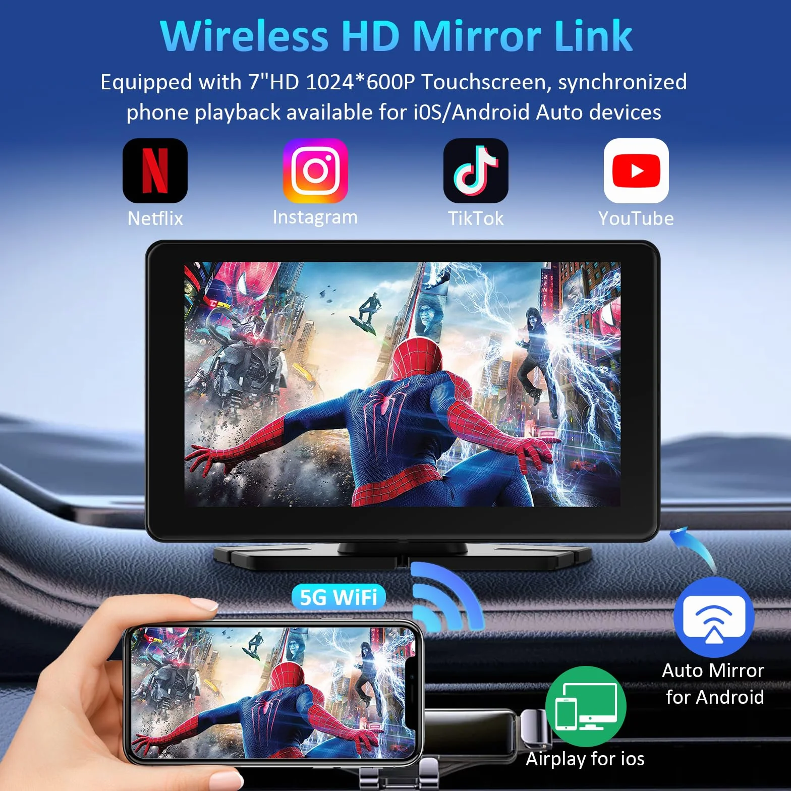 Écran Carplay Voiture pour Carplay et Android Auto sans Fil, 7 Pouces HD Ecran Tactile Autoradio Portable, Car Play Voiture avec Bluetooth 5.3, Mirror Link, Navigation GPS, AUX/FM, Commande Vocale