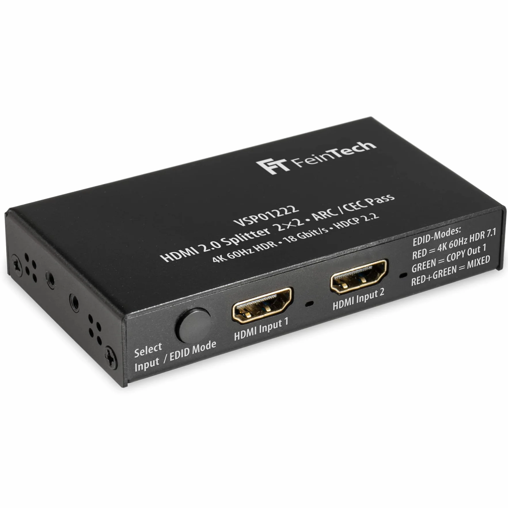 FeinTech VSP01222 Répartiteur HDMI 2.0 2 entrées 2 Sorties Scaler Arc-Pass pour récepteur AV 4K 60Hz HDR
