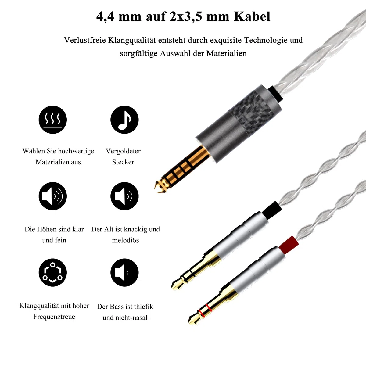 Monosaudio Câble de mise à niveau pour casque HiFi haut de gamme - 4,4 mm mâle vers double 3,5 mm - Isolation PTFE - Câble de rechange de 1,5 m avec 16 fils OCC - Conducteur en cuivre OCC - Pour HE4XX