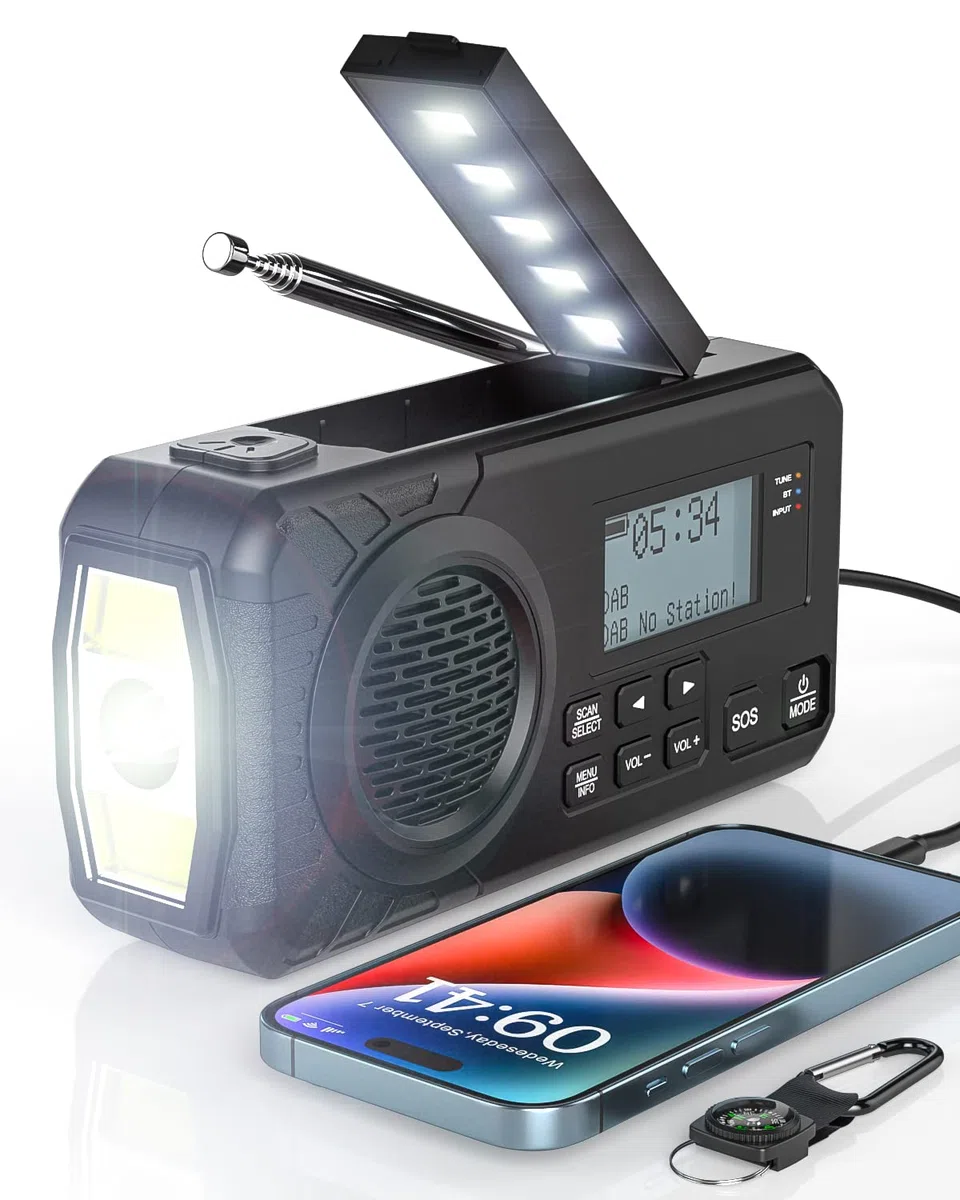 UOHHBOE Radio Solaire Dab/FM 5000mAh Radio Portables USB-C Rechargeable Dynamo Survie avec Manivelle Lampe Poche Lampe Lecture Alarme SOS pour Camping Randonnée Urgence