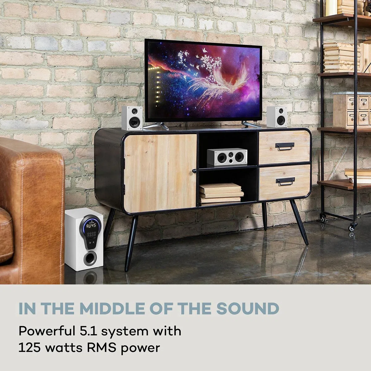 AUNA Areal 525 DG Système Surround 5.1 canaux - système Home cinéma, Puissance:125 W RMS, Caisson de Basses 5, 25", 4 x Satellites, 1 x Central, Fonction Bluetooth, Port USB/SD, entrée AUX - Blanc