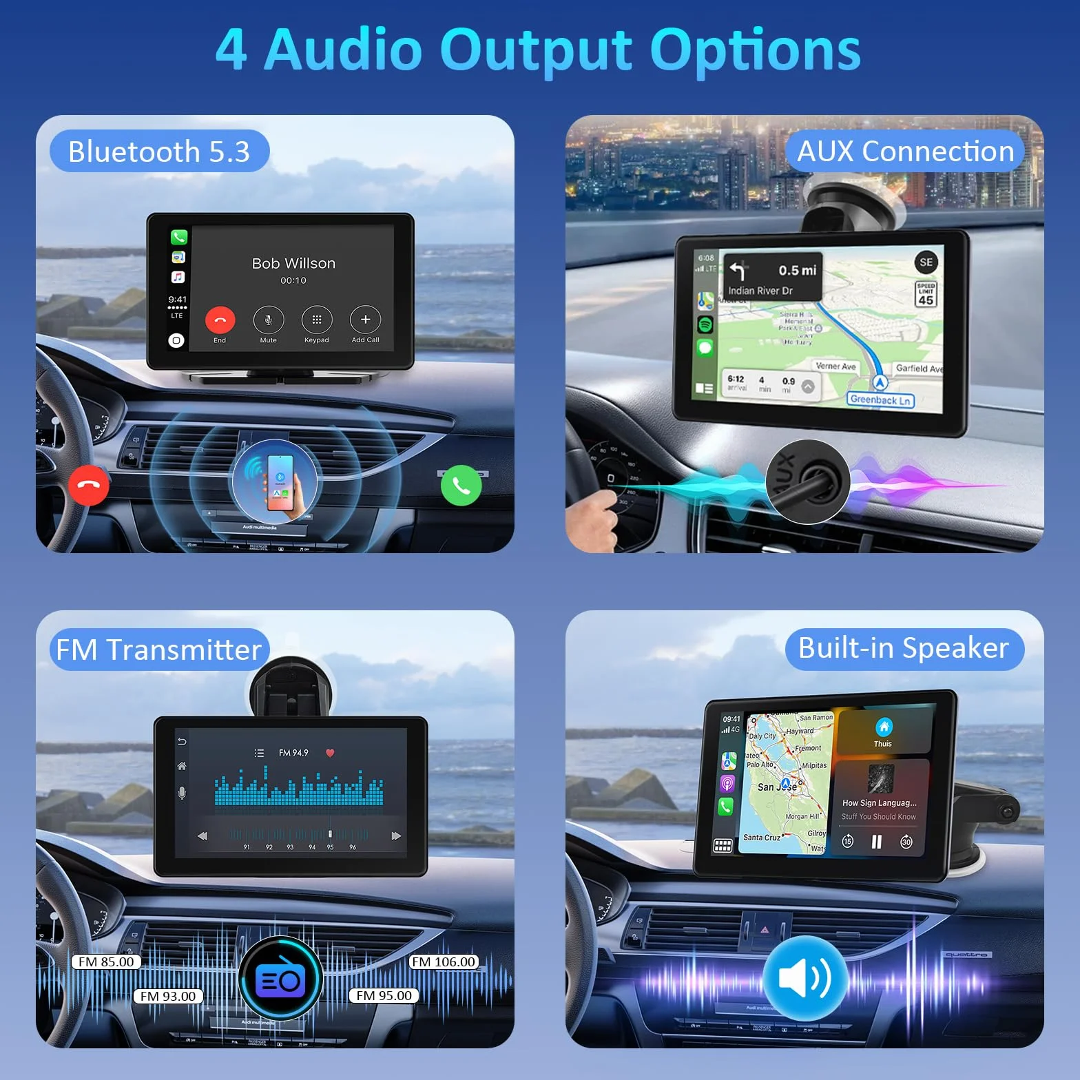 Écran Carplay Voiture pour Carplay et Android Auto sans Fil, 7 Pouces HD Ecran Tactile Autoradio Portable, Car Play Voiture avec Bluetooth 5.3, Mirror Link, Navigation GPS, AUX/FM, Commande Vocale
