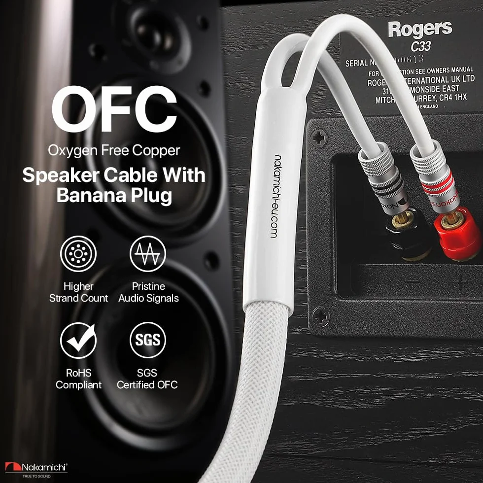 Nakamichi Excel Series Fiche banane plaquée or 24 carats avec câble de haut-parleur 99.9% en cuivre sans oxygène (OFC) tressé robuste pour amplificateur Hi-Fi – Blanc (12 AWG / 10 pieds / 3.0 m)