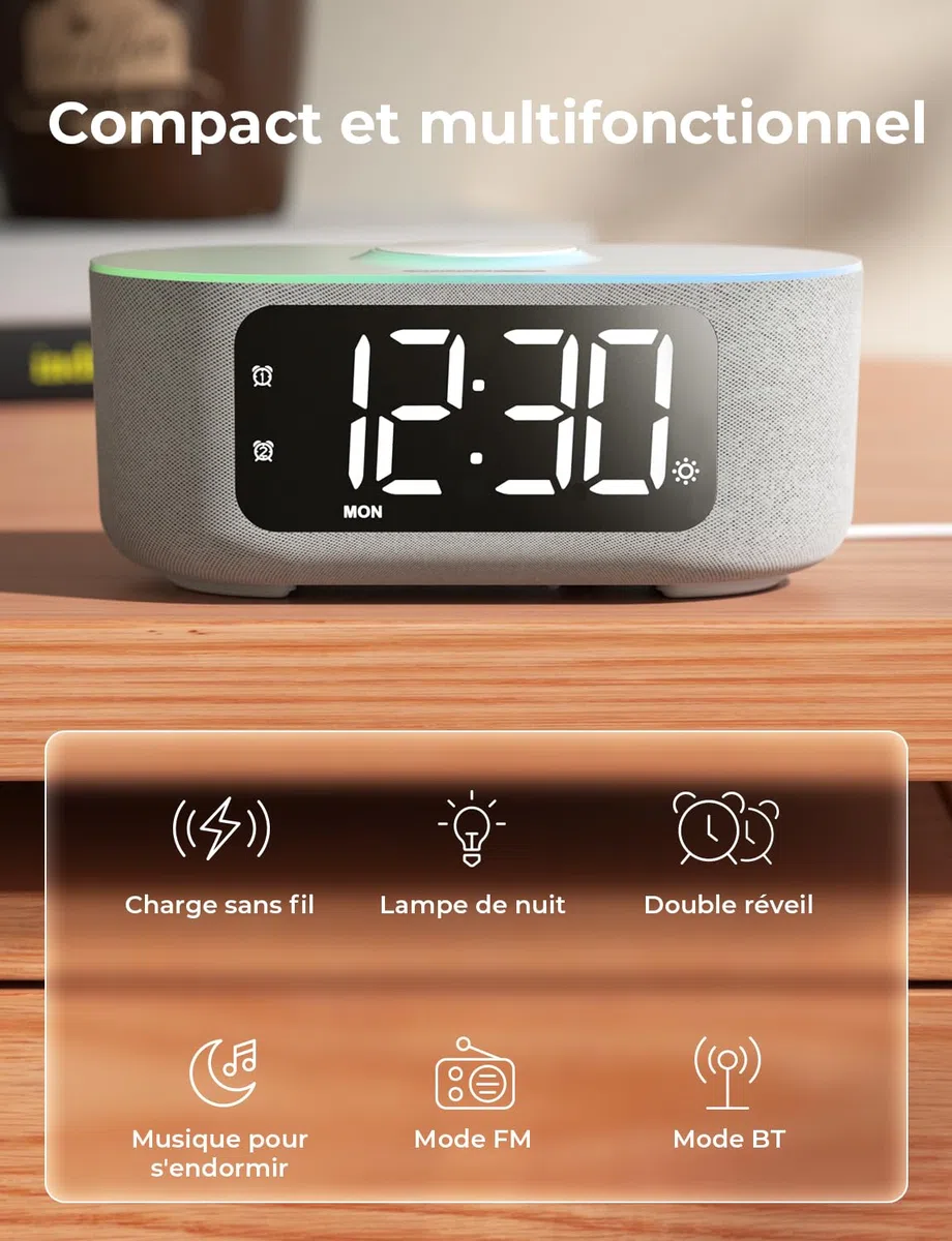 LIORQUE Radio Réveil Bluetooth avec Chargement sans Fil Qi 15W, Réveil Connecté avec Écran LED et 5 Luminosités Réglage, Auto Dimmer, 2 Alarms, Mode Week-End, Sommeil Sonore, Affichage Semaine