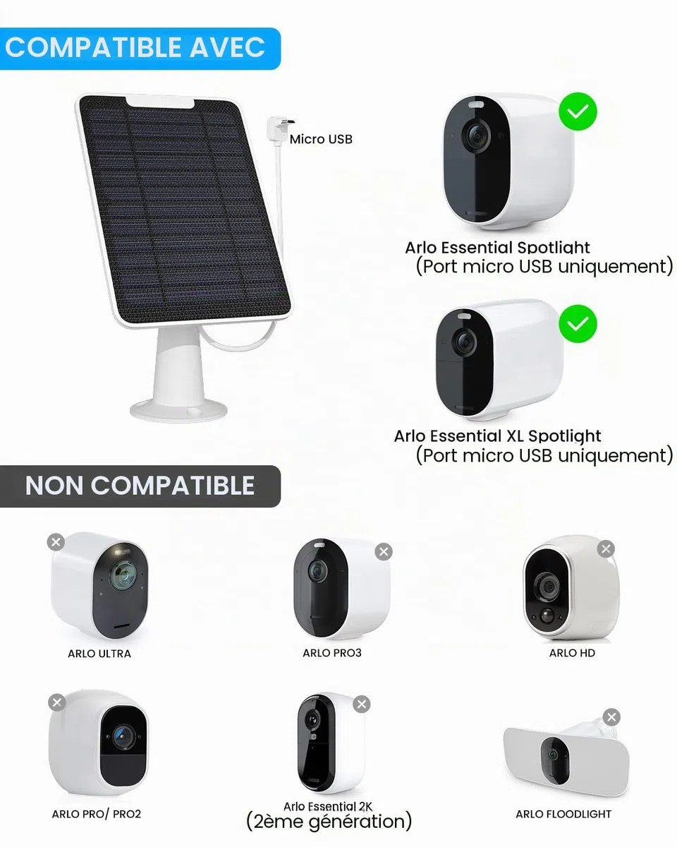 Lot de 3 chargeurs de panneau solaire Arlo Essential/XL, 5 W étanche IP65, câble micro USB 3 m, support mural (pas pour
