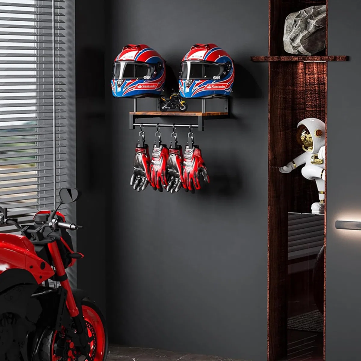 Support mural pour casque moto rétro, porte-casque en bois et métal avec 4 clips de suspension, peut accrocher 2 casquettes – rangement pour veste, gilet tactique
