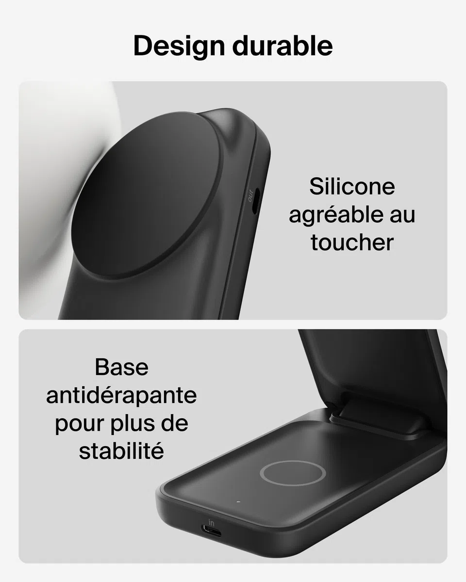 Belkin UltraCharge Chargeur Induction Qi2 25W, Station de Charge 2 en 1 pour iPhone 17, iPhone Air, AirPods, Pixelsnap, Compatible avec MagSafe avec Port-USB-C et Adaptateur 45W - Noir