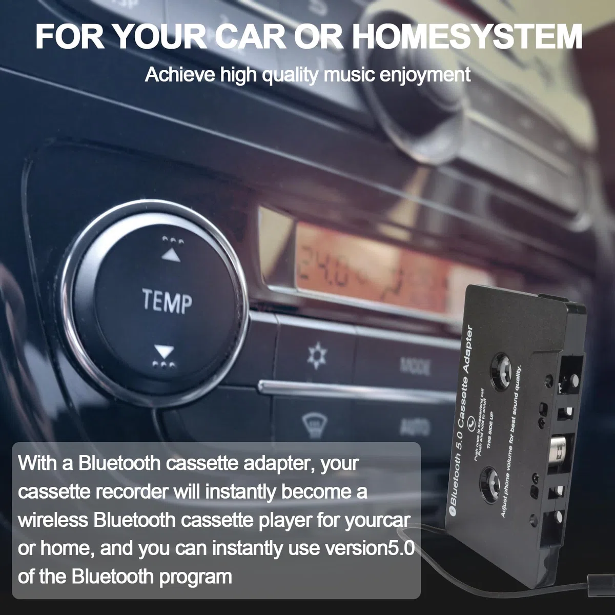 Funmo Adaptateur de Cassette Audio pour Voiture, récepteur de Cassette Bluetooth 5.0, Adaptateur auxiliaire de Cassette Audio pour écouter la Musique du téléphone Portable et la Voix de la Voiture