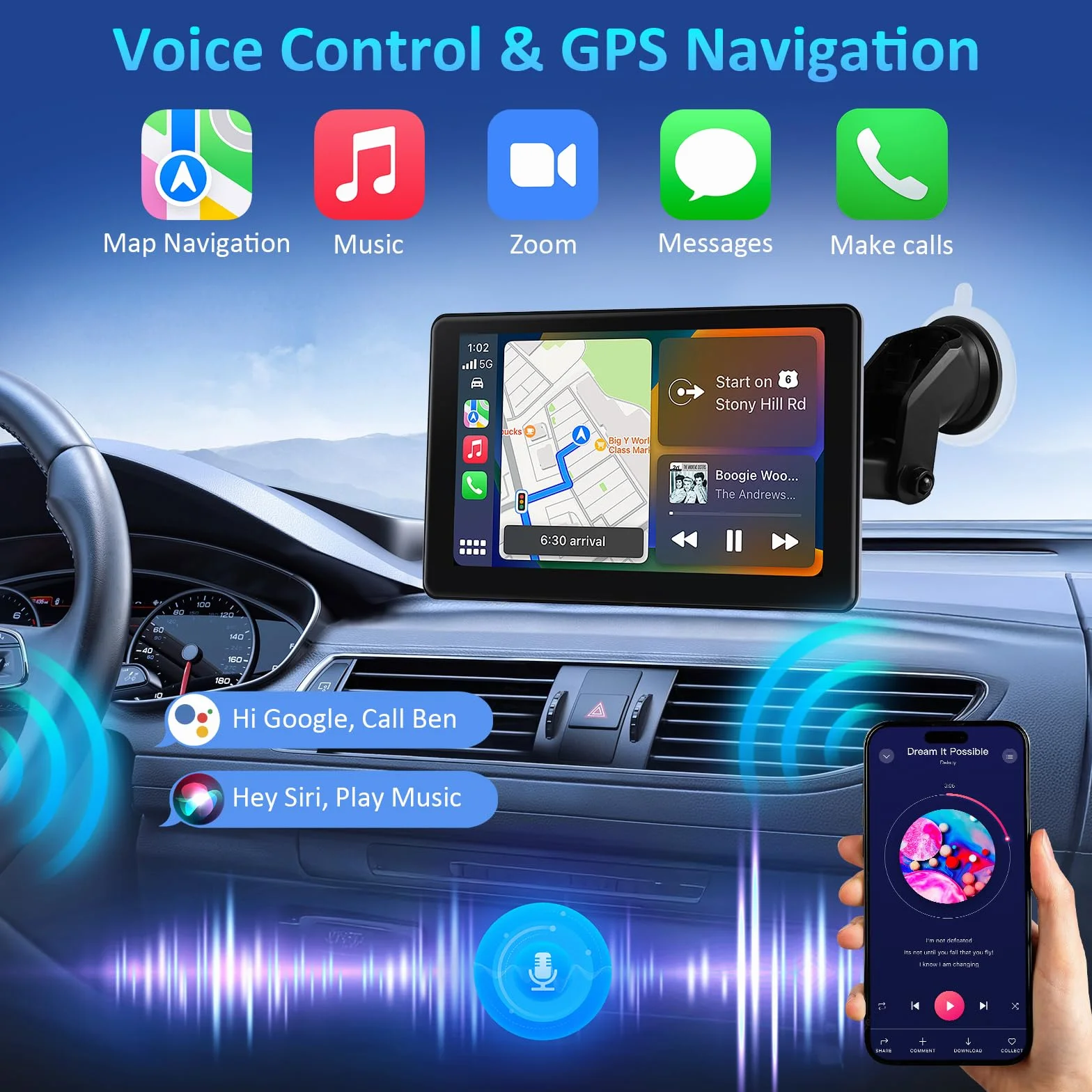 Écran Carplay Voiture pour Carplay et Android Auto sans Fil, 7 Pouces HD Ecran Tactile Autoradio Portable, Car Play Voiture avec Bluetooth 5.3, Mirror Link, Navigation GPS, AUX/FM, Commande Vocale