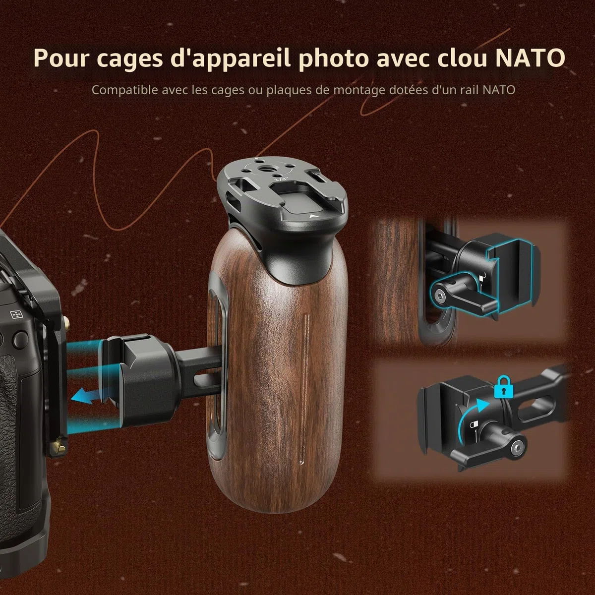 SMALLRIG Poignée Latérale en Bois pour Cages d'Appareil Photo avec Pince OTAN, Poignée Ergonomique Côté Gauche ou Droit, Réglage Vertical Haut/Bas de 27 mm, Capacité de Charge de 15 kg - 5239