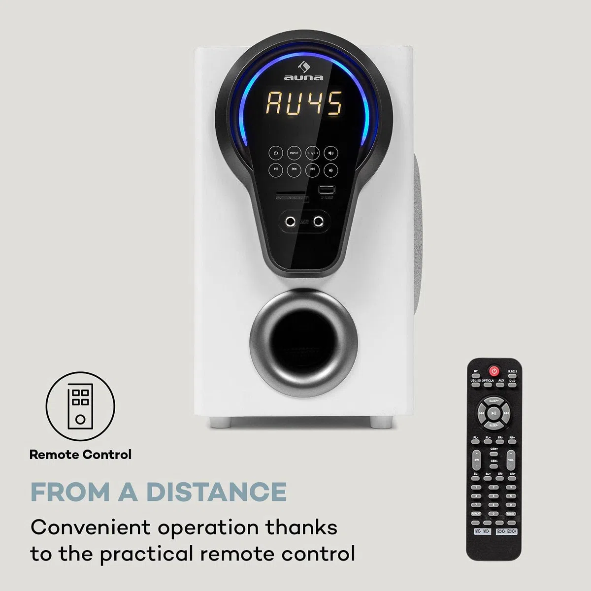 AUNA Areal 525 DG Système Surround 5.1 canaux - système Home cinéma, Puissance:125 W RMS, Caisson de Basses 5, 25", 4 x Satellites, 1 x Central, Fonction Bluetooth, Port USB/SD, entrée AUX - Blanc