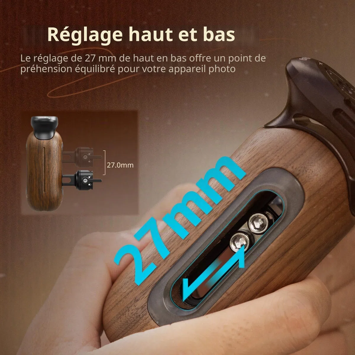 SMALLRIG Poignée Latérale en Bois pour Cages d'Appareil Photo avec Pince OTAN, Poignée Ergonomique Côté Gauche ou Droit, Réglage Vertical Haut/Bas de 27 mm, Capacité de Charge de 15 kg - 5239