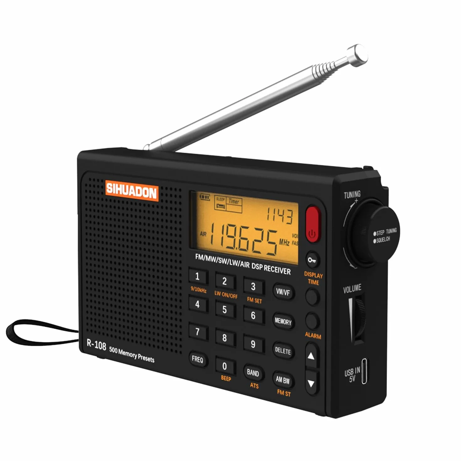 Radio Portable SIHUADON R108 FM AM MW SW Multibande Poste Radio à Ondes avec Affichage du Temps de Parole Fort RéTro-éClairage NuméRique Alarme Noir