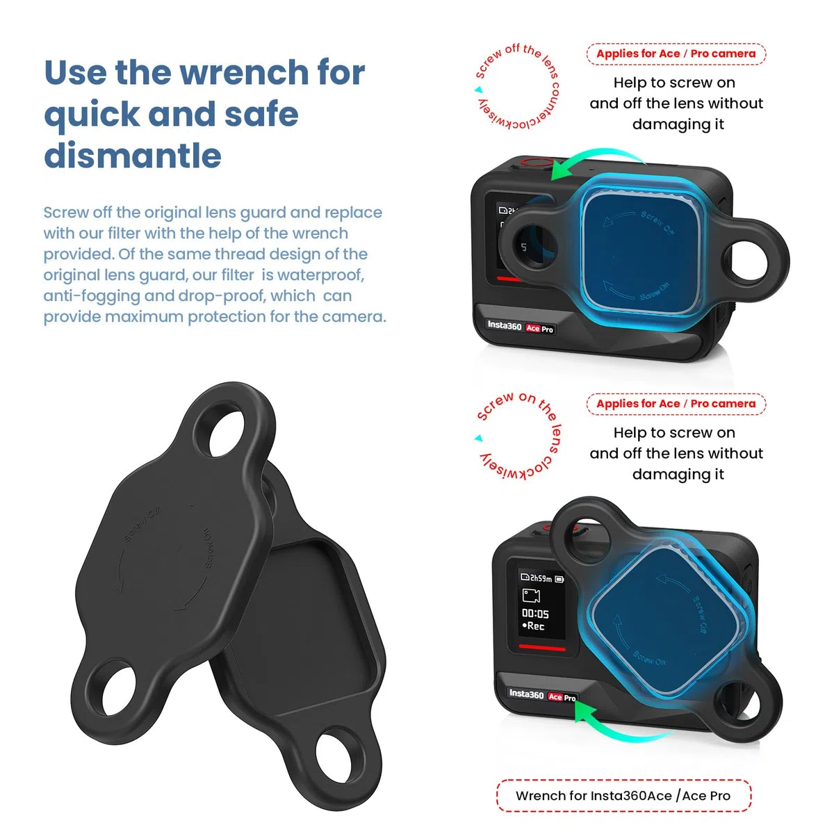 Ensemble de filtres ND étanches compatibles avec Insta360 Ace Camera, ND8, ND16, ND32, ND64 Filtre d'objectif à densité neutre avec outil pour accessoires Ace