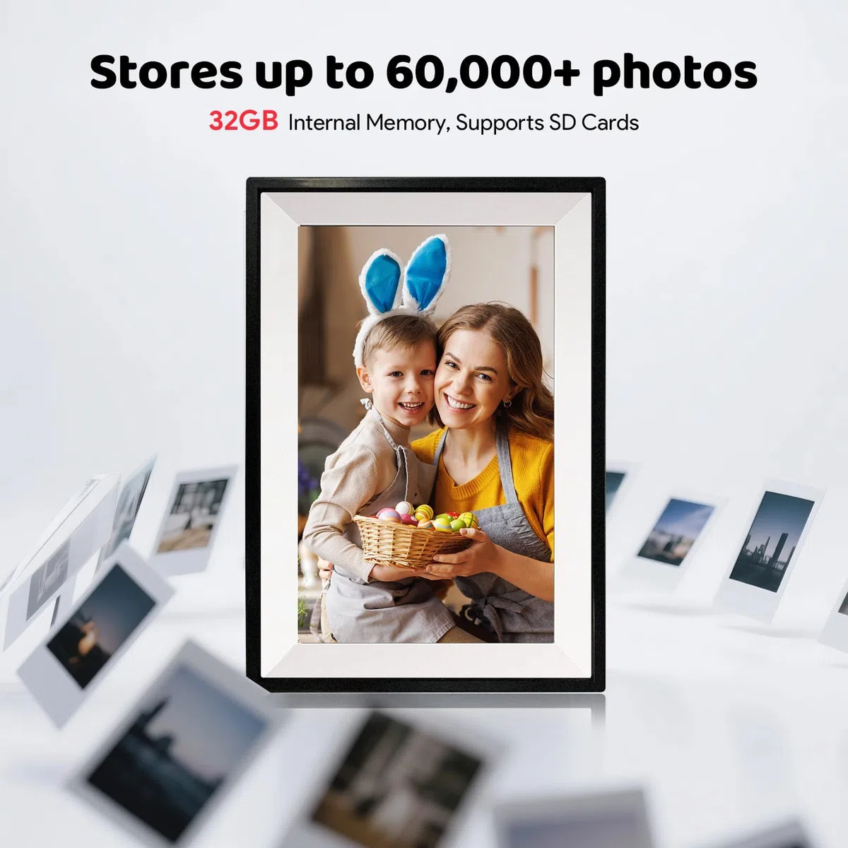 Frameo Cadre Photo Numérique WiFi 10,1 Pouces, Mémoire 32 Go, HD 1280x800 IPS Écran Tactile, Auto-Rotation Support Multilingue, Montage Mural, Partage de Photos Vidéos Via Frameo APP