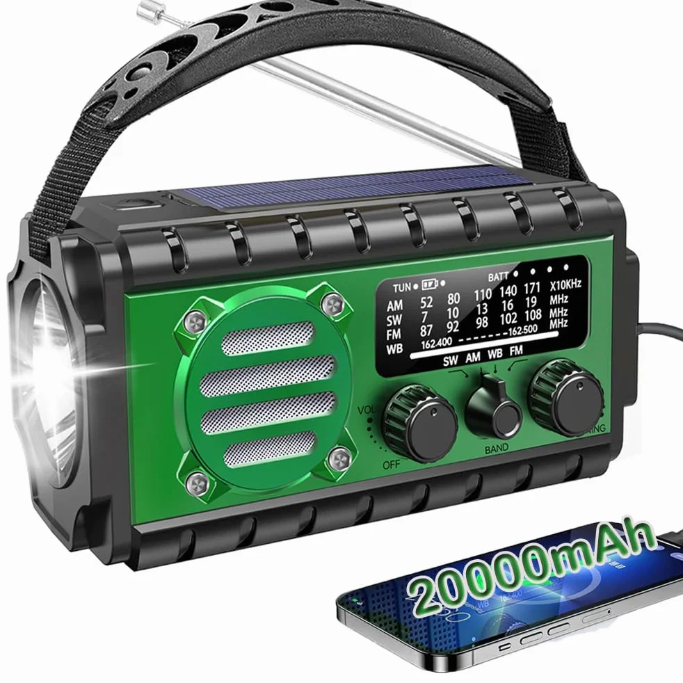 Radio Dynamo Survie 20000mah Lampe Dynamo Survie SW/AM/FM Grande Batterie, Portable Charge de Téléphone Portable, SOS, Lampe de Poche Radio Manivelle Survie pour Urgence/Maison （Vert）