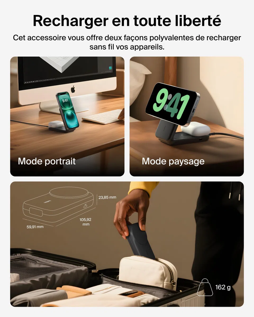 Belkin UltraCharge Chargeur Induction Qi2 25W, Station de Charge 2 en 1 pour iPhone 17, iPhone Air, AirPods, Pixelsnap, Compatible avec MagSafe avec Port-USB-C et Adaptateur 45W - Noir
