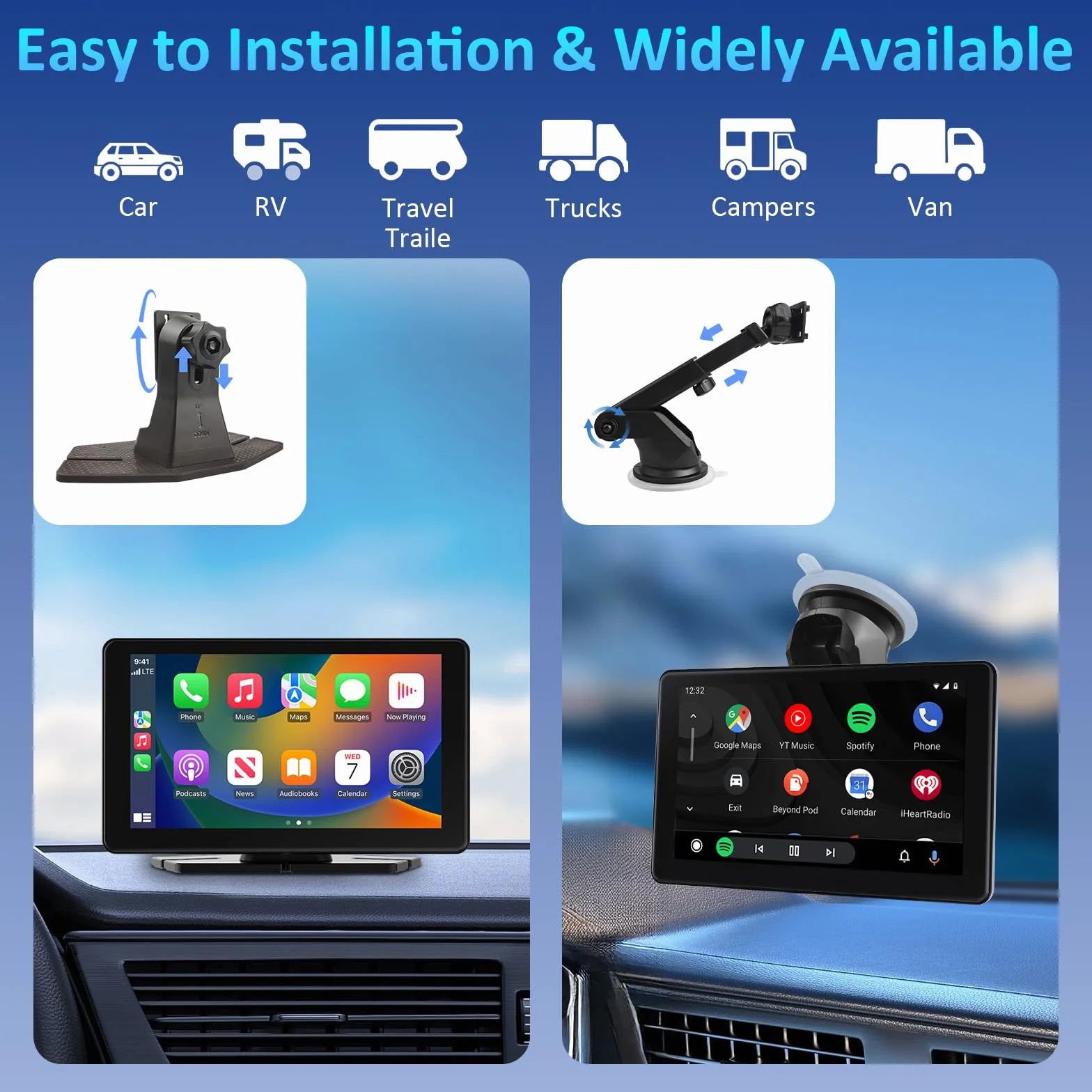Écran Carplay Voiture pour Carplay et Android Auto sans Fil, 7 Pouces HD Ecran Tactile Autoradio Portable, Car Play Voiture avec Bluetooth 5.3, Mirror Link, Navigation GPS, AUX/FM, Commande Vocale