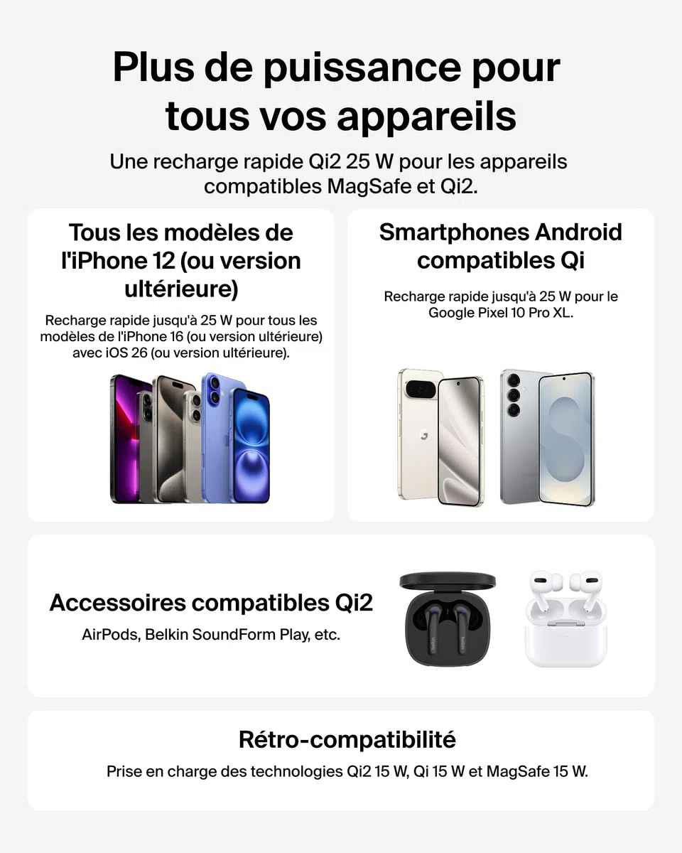 Belkin UltraCharge Chargeur Magnétique Qi2 25 W, Chargeur sans Fil Rapide, MagSafe avec Technologie De Refroidissement Passive, Support pour L'iPhone 17 (Tous Modèles), Pixelsnap, AirPods Pro - Noir