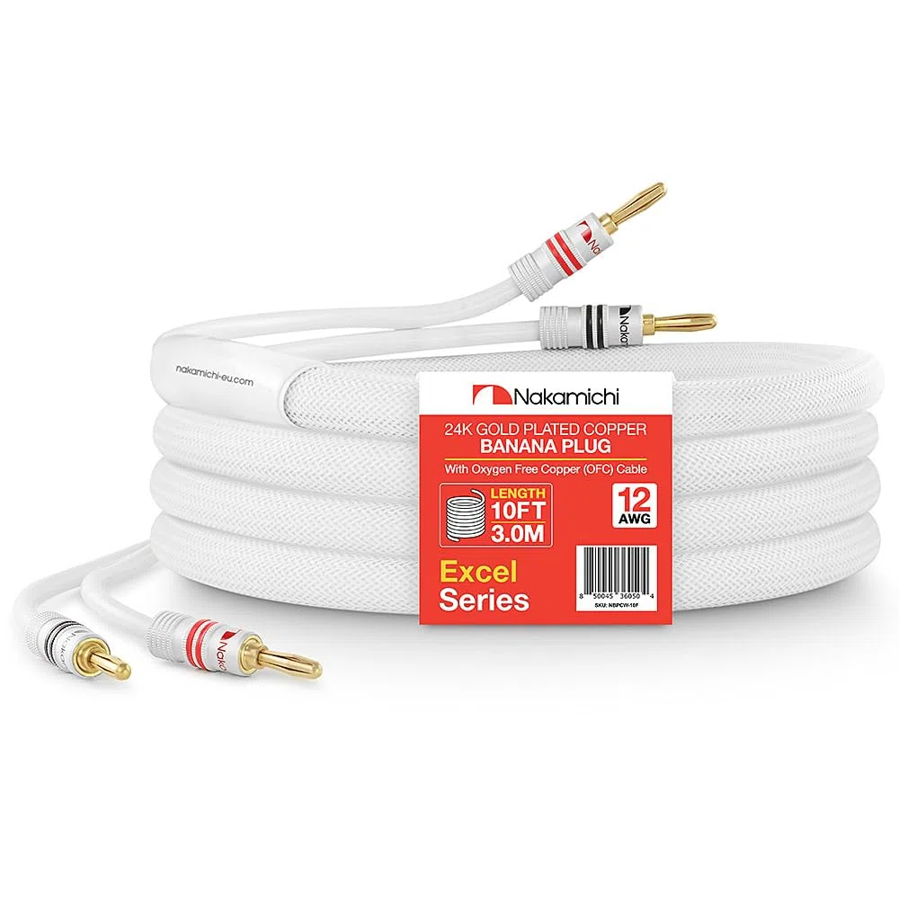Nakamichi Excel Series Fiche banane plaquée or 24 carats avec câble de haut-parleur 99.9% en cuivre sans oxygène (OFC) tressé robuste pour amplificateur Hi-Fi – Blanc (12 AWG / 10 pieds / 3.0 m)