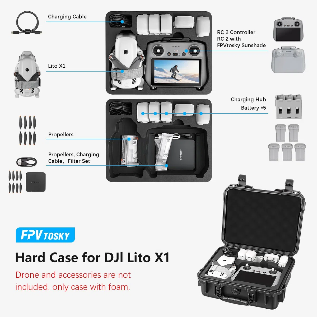 FPVtosky Coque rigide étanche pour Lito X1, Fly More Combo, compatible avec contrôleur RC 2, batterie, hub de chargeur et autres accessoires [étui uniquement]