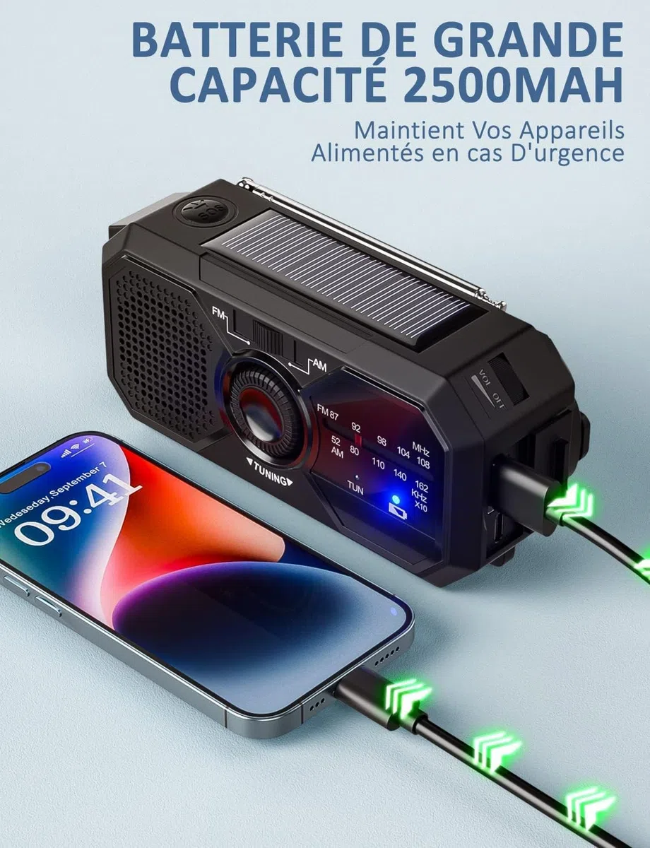 UOHHBOE Radio Portable Manivelle Radio Solaire Survie AM/FM Petit Dynamo USB-C 2500mAh Rechargeable avec Lampe de Poche LED Alarme SOS Boussole pour Urgence Extérieure Randonnée Camping