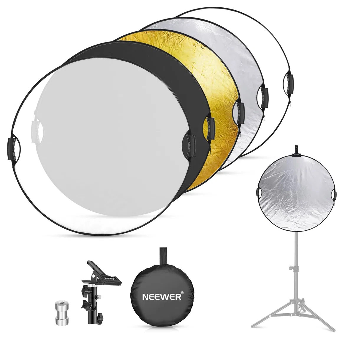 NEEWER 80cm Réflecteur Lumière avec Pince et Poignées, Réflecteur Photographie Multi-Disque Pliable 5 en 1 Translucide/Argent/Or/Blanc/Noir avec Filetage 3/8" pour Éclairage Extérieur Studio,RF-80II