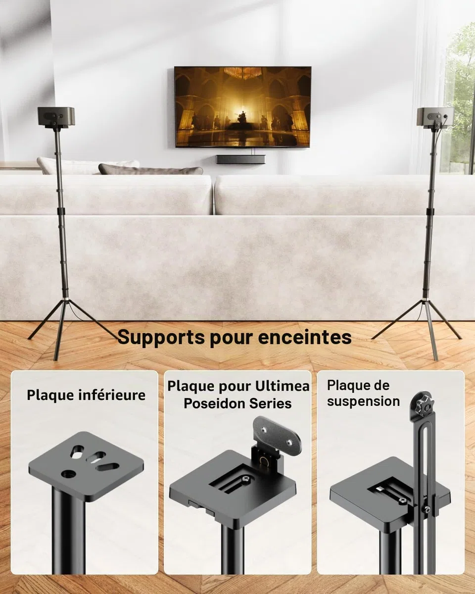 ULTIMEA Steady 310 – Lot de 2 Supports d’Enceintes universels Noirs, réglables en Hauteur de 62 à 93 cm, pour Enceintes Satellites et de bibliothèque, Charge maximale de 3 k