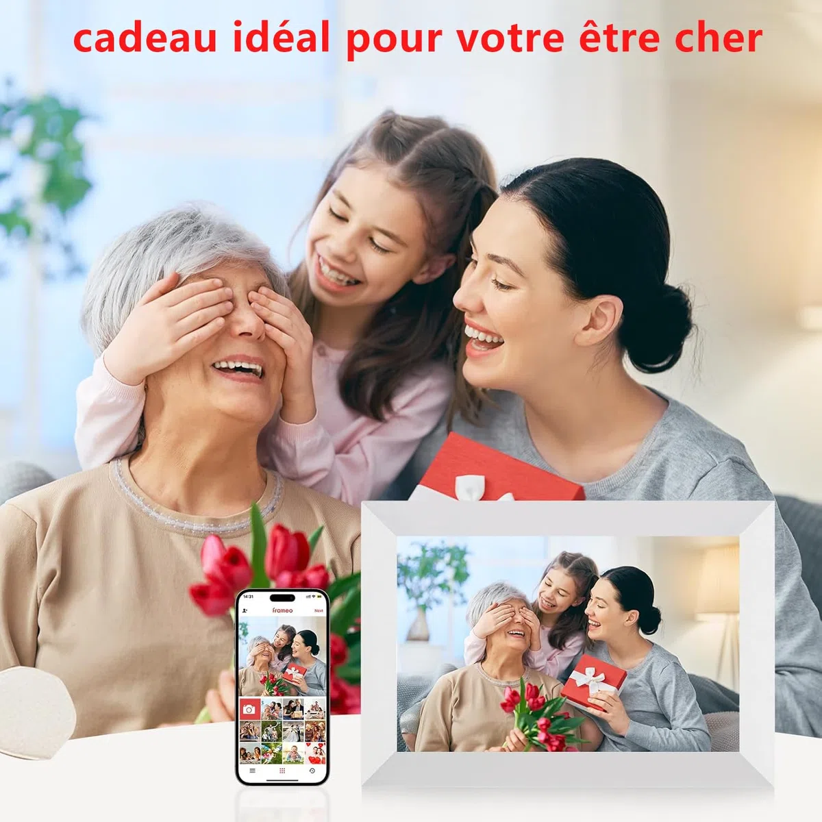 Frameo 32Go Cadre Photo Numérique WiFi 10,1 Pouces, Écran Tactile HD 1280x800 IPS pour Partager Photos et Vidéos, Support Multilingue, Rotation Automatique, Montage Mural (Blanc)