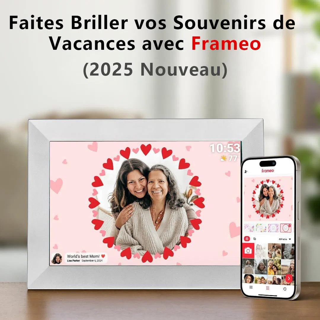 Frameo 32Go Cadre Photo Numérique WiFi 10,1 Pouces, Écran Tactile HD 1280x800 IPS pour Partager Photos et Vidéos, Support Multilingue, Rotation Automatique, Montage Mural (Blanc)