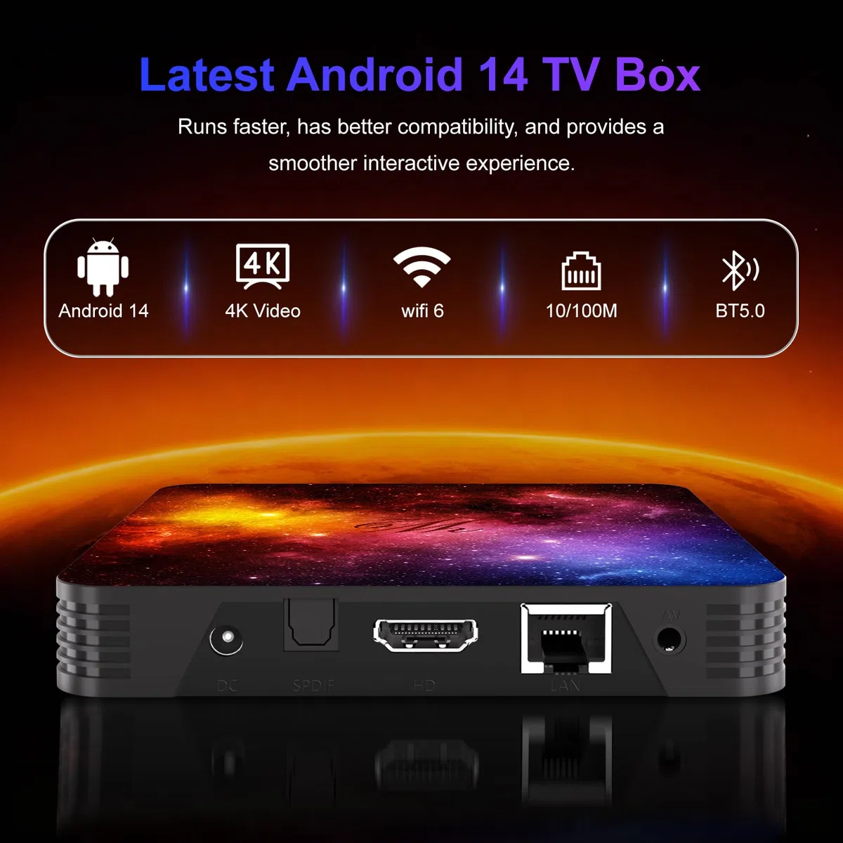 Boîtier Smart TV Android 14, 4Go RAM 64Go ROM, Design Cosmique Lumière Stellaire, WiFi Dual Band & BT4.2, Extension Carte TF, Mini Clavier，HDMI&USB Port Smart TV