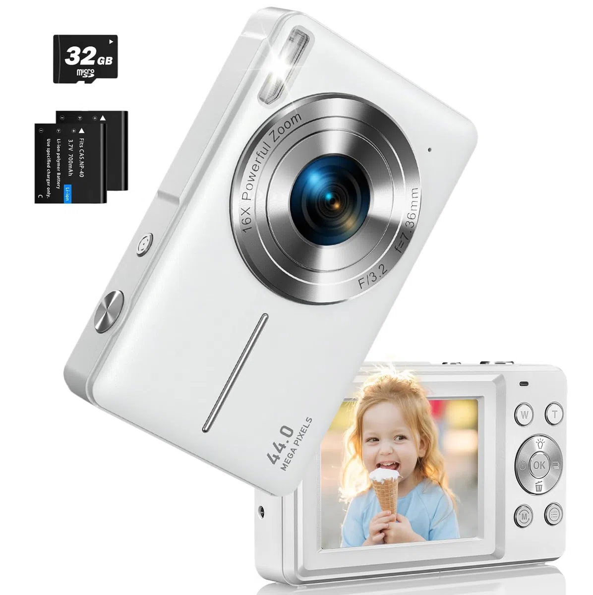 Appareil Photo Numérique, FHD 1080P Autofocus 44MP Appareil Photo Enfant avec Carte 32GB, Zoom 16X, Anti-Shake, ​​2 Batteries, Appareil Photo Compact pour Enfants Adultes ​​Débutants​ (Blanc)