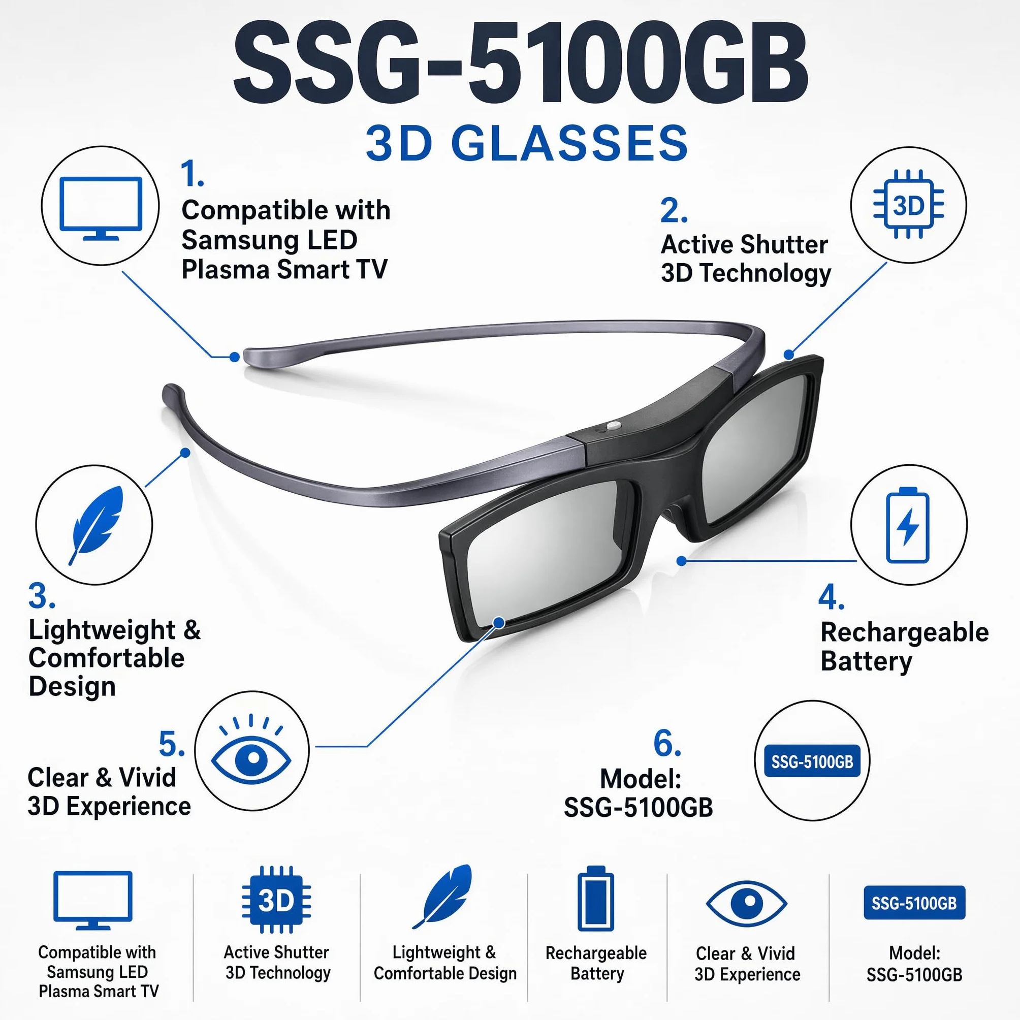 SSG5100GB Lot de 4 lunettes 3D à obturateur actif pour TV Samsung SSG-5100 Go