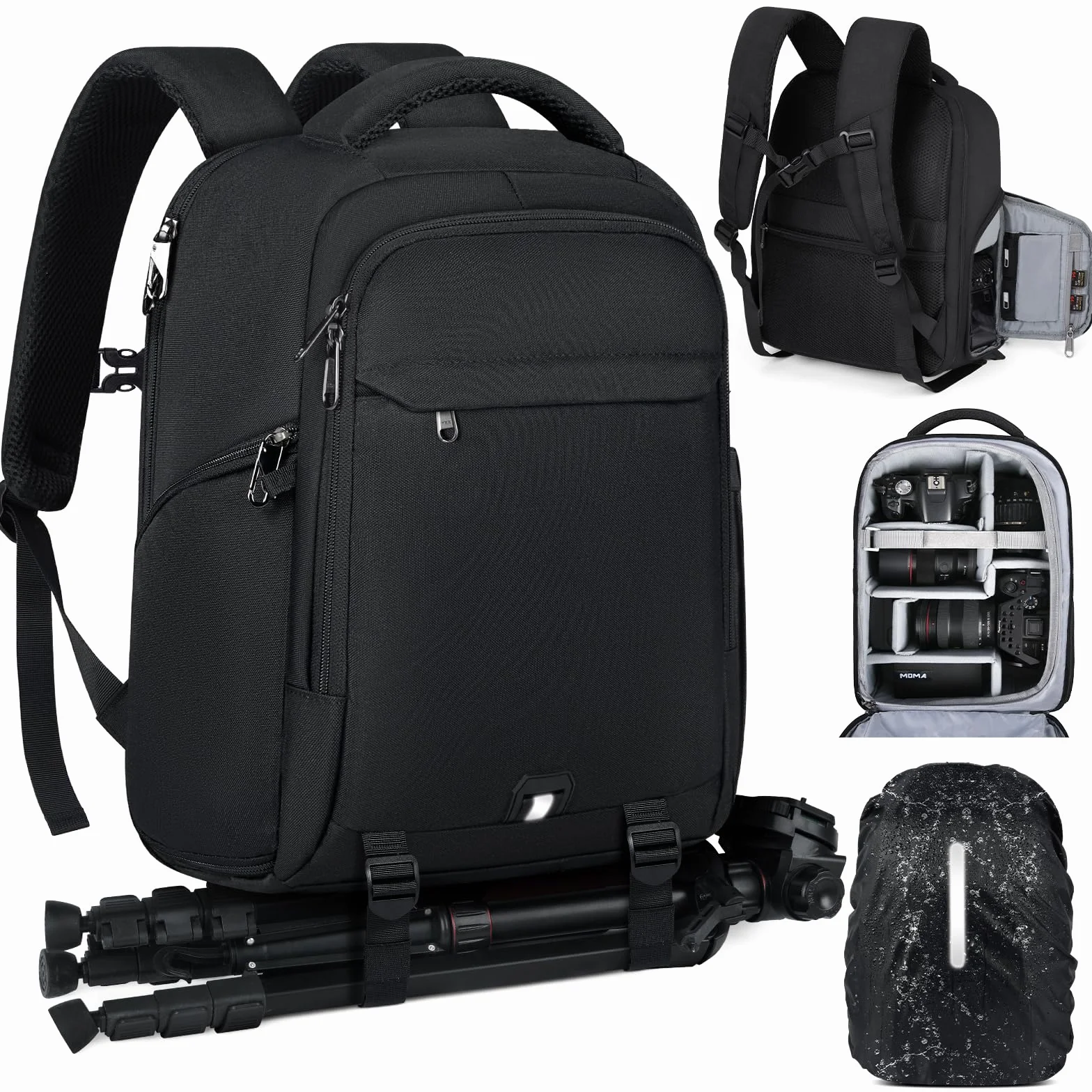RAINSMORE Sac a Dos Photographe Sacoche Appareil Photo Professionnel Compartiment Ordinateur 14 Pouces Housse Pluie Sac Photo Reflex Numérique Compatible Canon Sony Noir