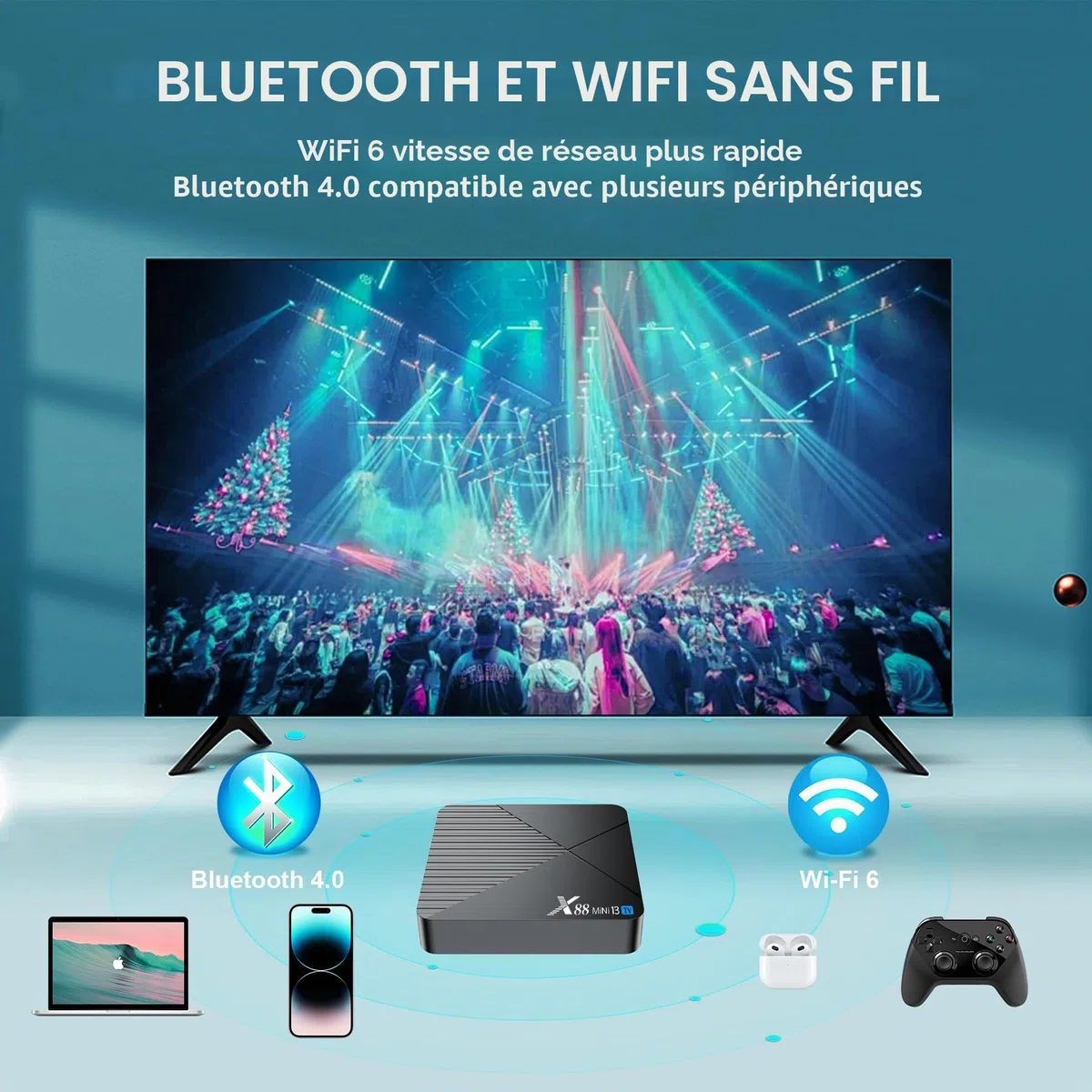Android TV Box 13.0, 2025 Android Box avec RAM 4G ROM 32G 3D HD 8K WiFi6 Enternet10/100M BT5.0 USB3.0 HDR10 Cast Screen Smart TV Box