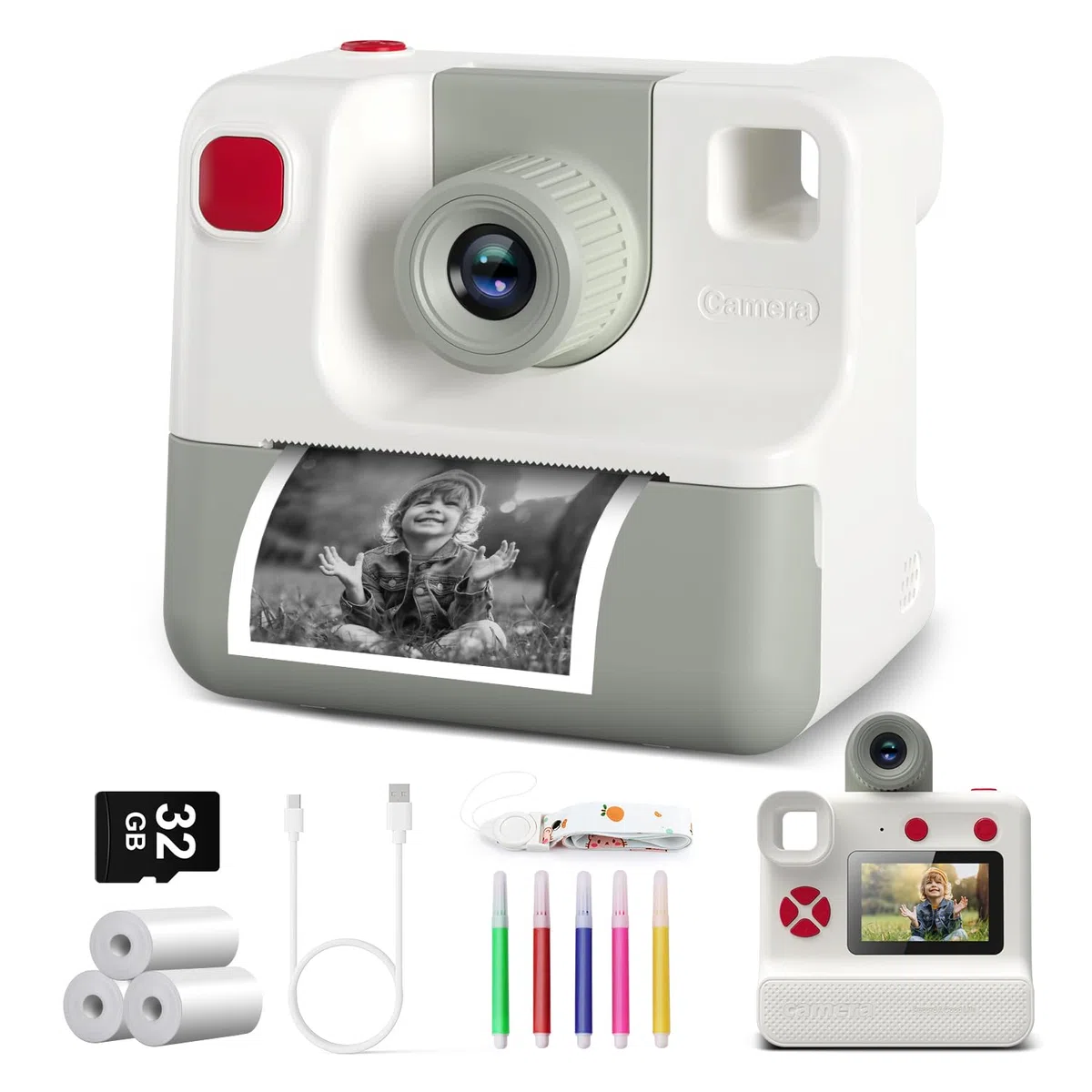 Appareil Photo Enfant Instantanée,1080P Appareil Photo Numérique Enfant avec Papier d'impression & Carte TF 32G, Stylo 5 Couleurs,Cadeau pour Filles Garçons de 3-10 Ans (Blanc)