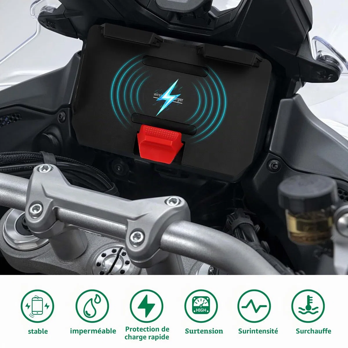DAZZLEEX Support de téléphone de navigation pour moto BMW avec chargement sans fil 15 W pour R1200GS R1250GS R1300GS IPX6 étanche 10,6 à 16,5 cm (logo rouge)